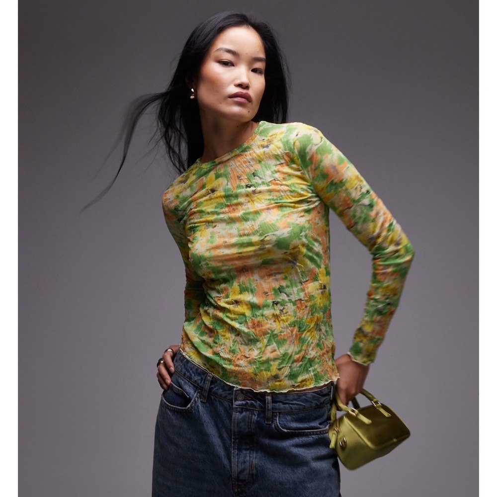 Topshop Green Abstract Floral Plisse Mesh Long Sleeve Top US 4-6 S